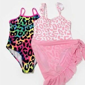 Girls Swimsuit Bundle 7-8Y One Piece Pink Leopard + Rainbow Leopard